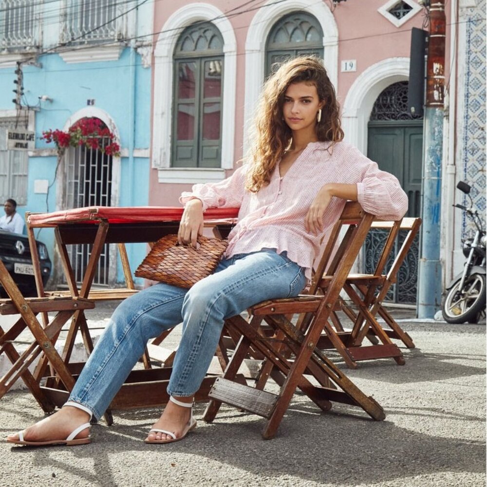 Rails Marti Scarlet Stripe Blouse S Linen Blend V Neck Tie Waist Coastal $158 - Picture 15 of 15